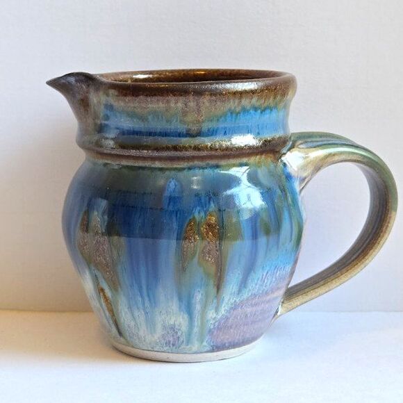 Vintage Clarksville Pottery Blue Brown Cream Pitcher Drip Glazed Stoneware 4" - Picture 1 of 8